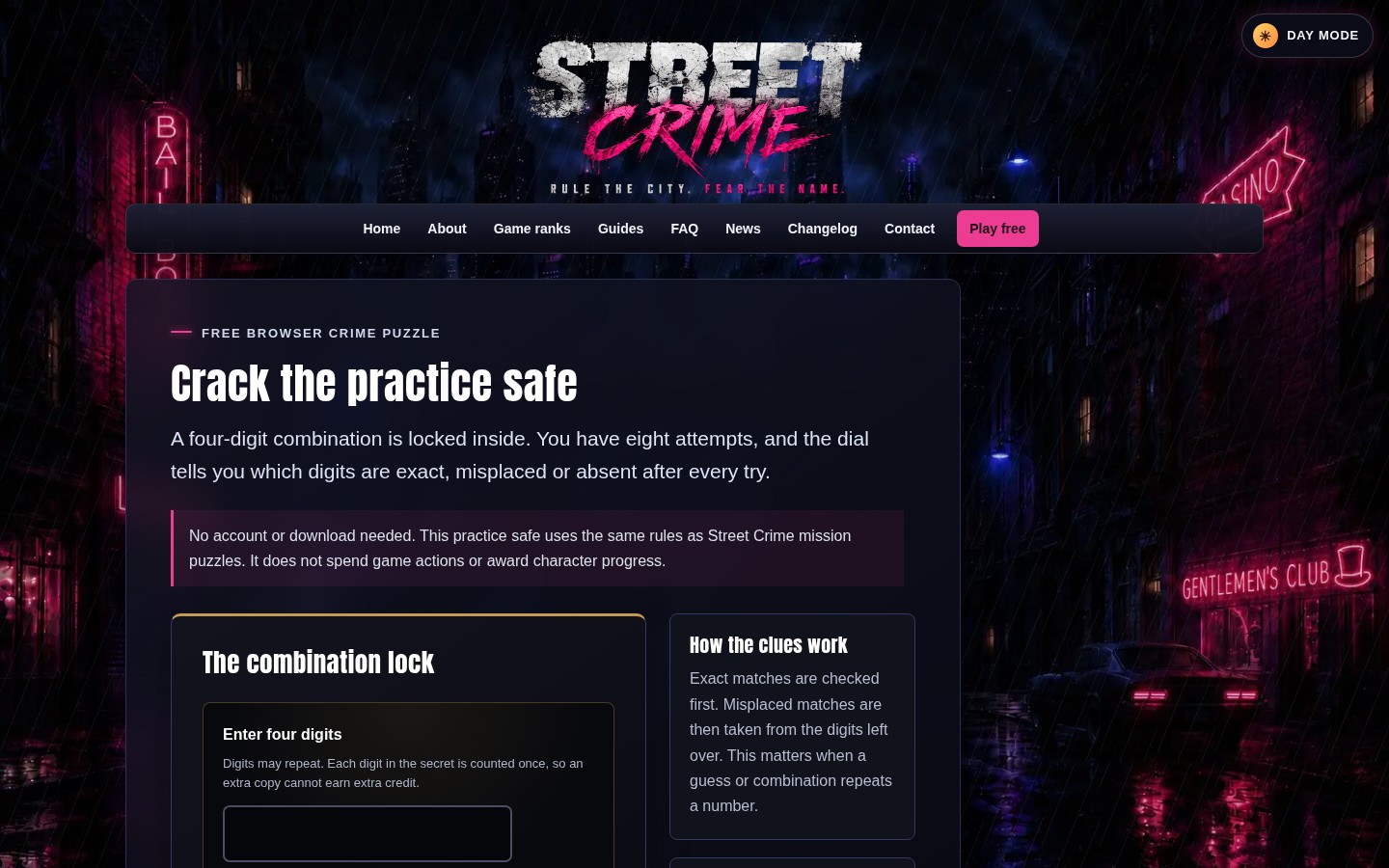 Street Crime Safe Cracker practice page showing the four-digit combination input and clue rules